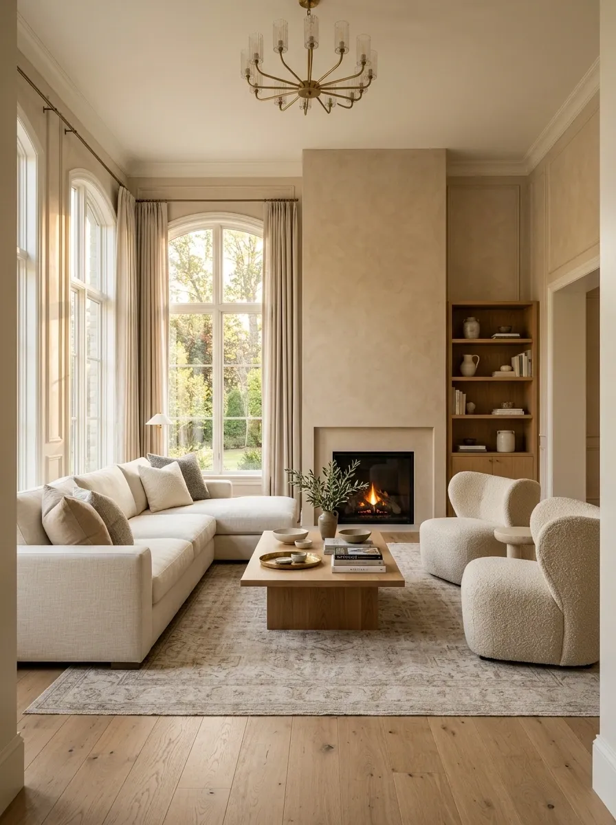 Soft Neutral Sectional Facing a Fireplace With Two Conversational Chairs
