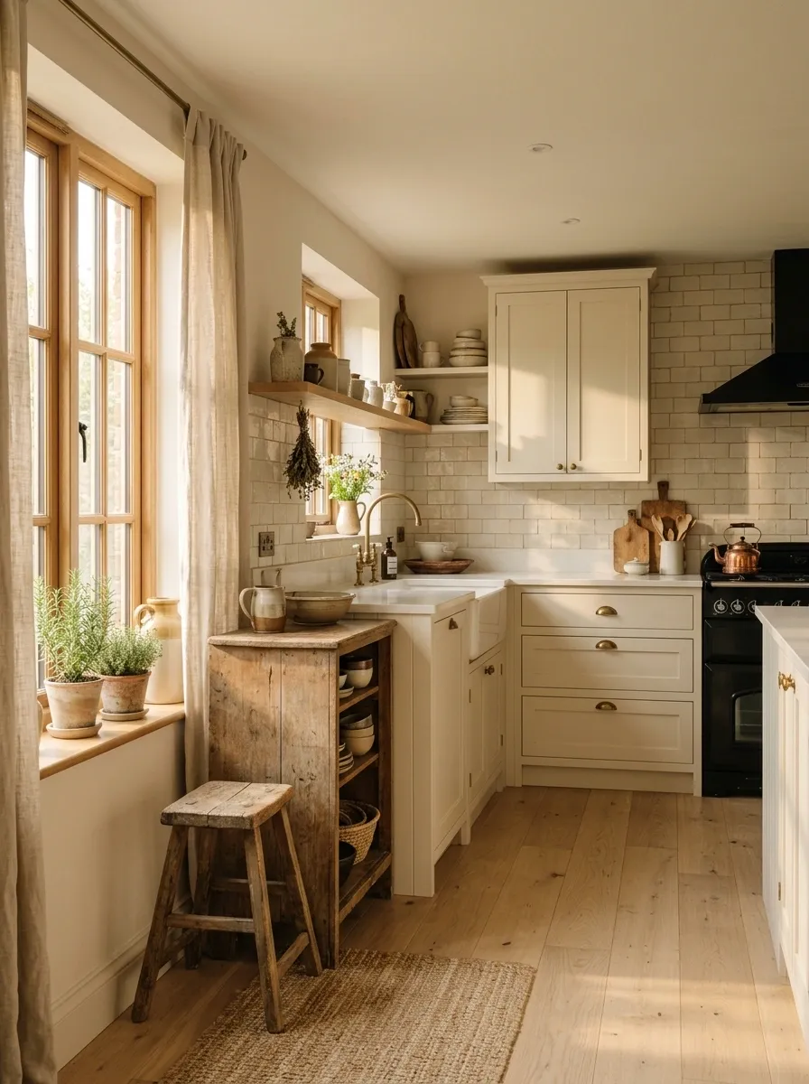 Soft Neutral Vintage Kitchen With Linen Curtains