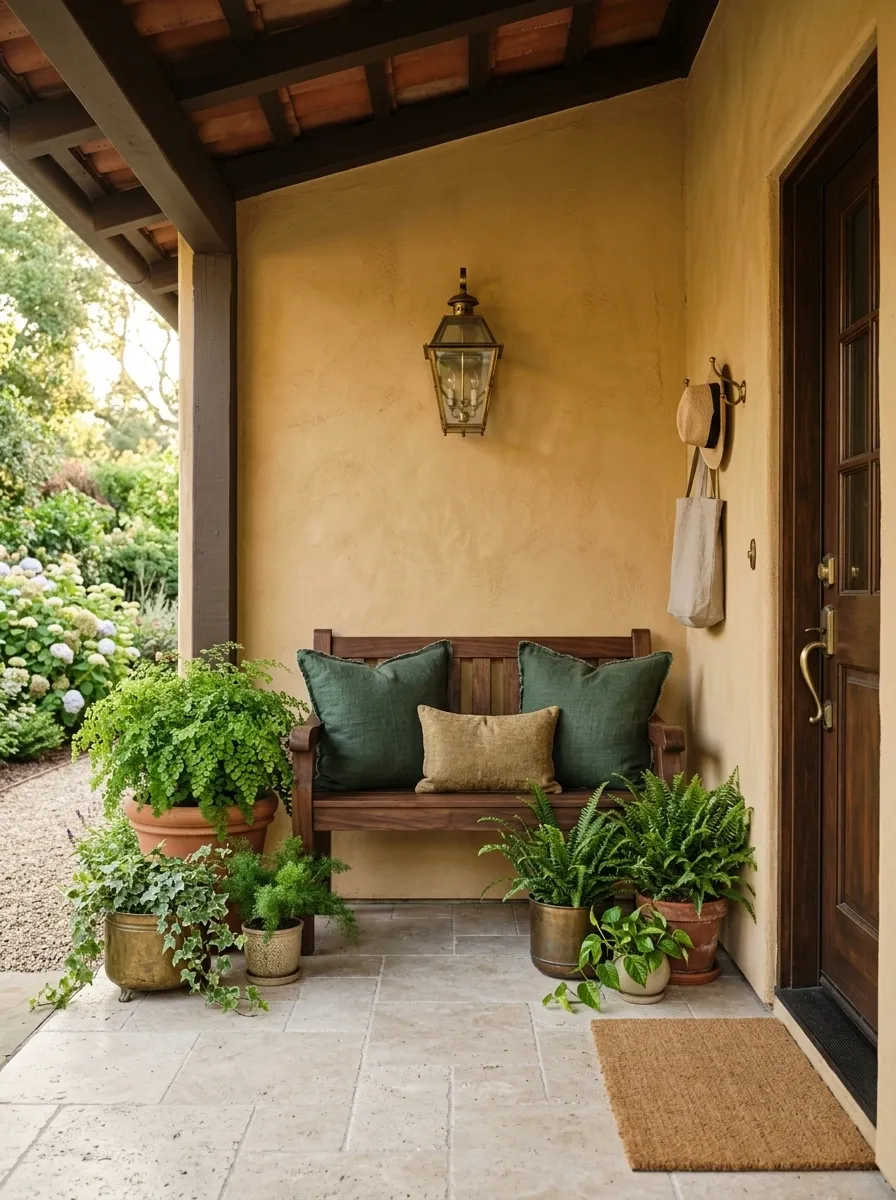 Soft Ochre Porch With Walnut and Deep Green