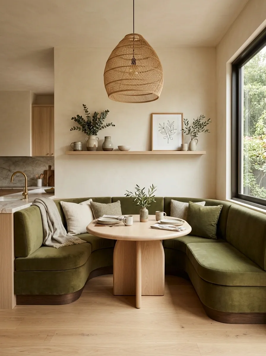 Soft Olive Corner With a Curved Dining Booth