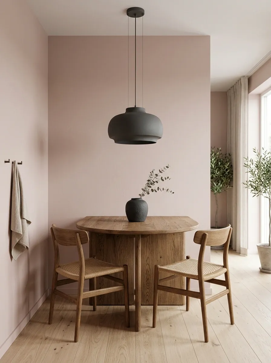 Soft Pink and Oak Dining Corner With Sculptural Pendant