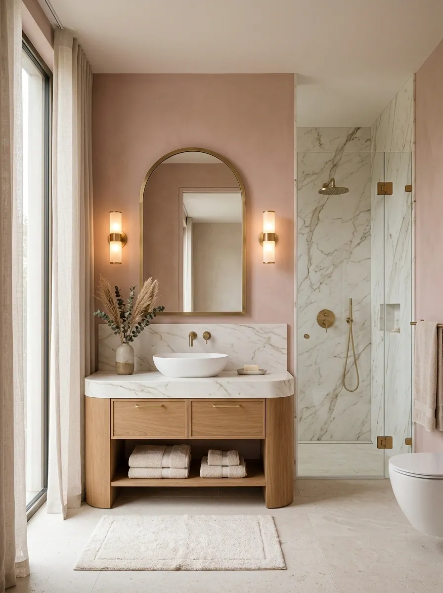 Soft Pink Bathroom With Calacatta-Style Stone and Brass