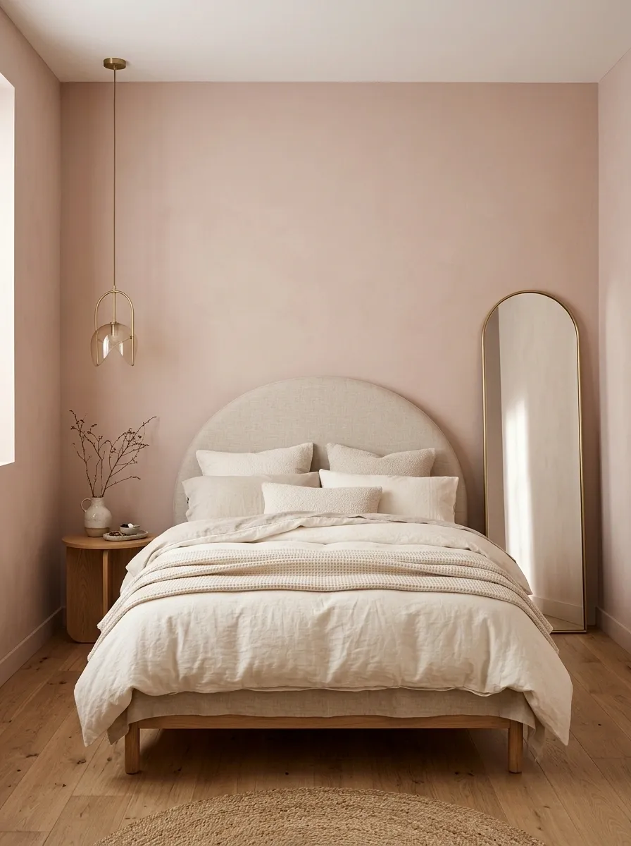 Soft Pink Bedroom With a Curved Upholstered Bed