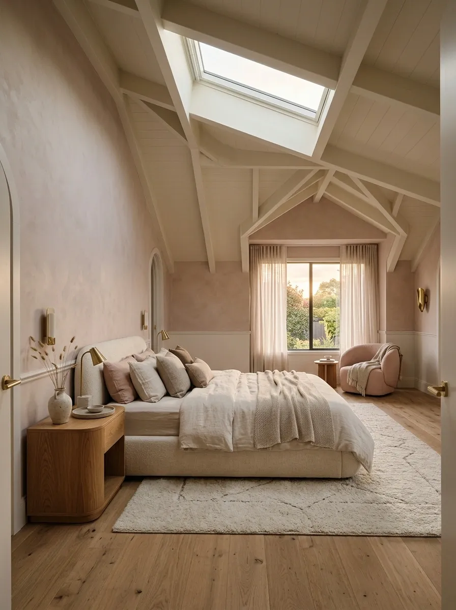 Soft Pink Bedroom With Arched Details and Curved Furniture