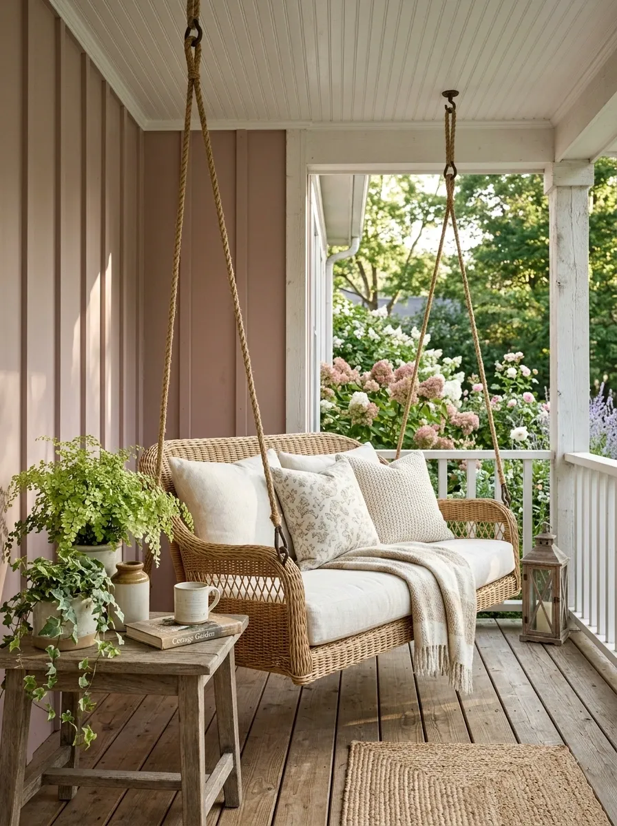 Soft Pink Cottage Porch With Natural Wicker Swing