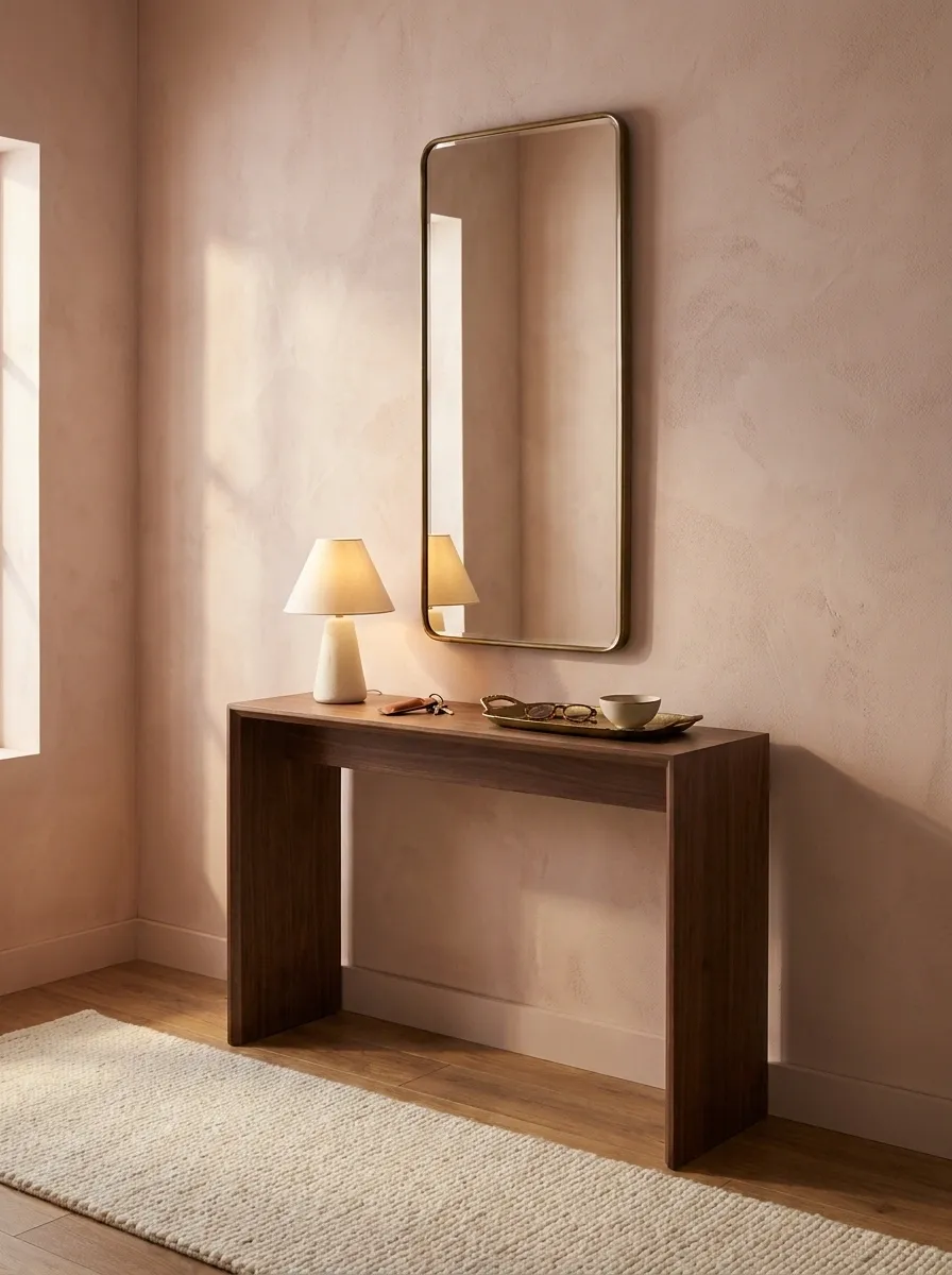 Soft Pink Entryway With Walnut Furniture and Aged Brass
