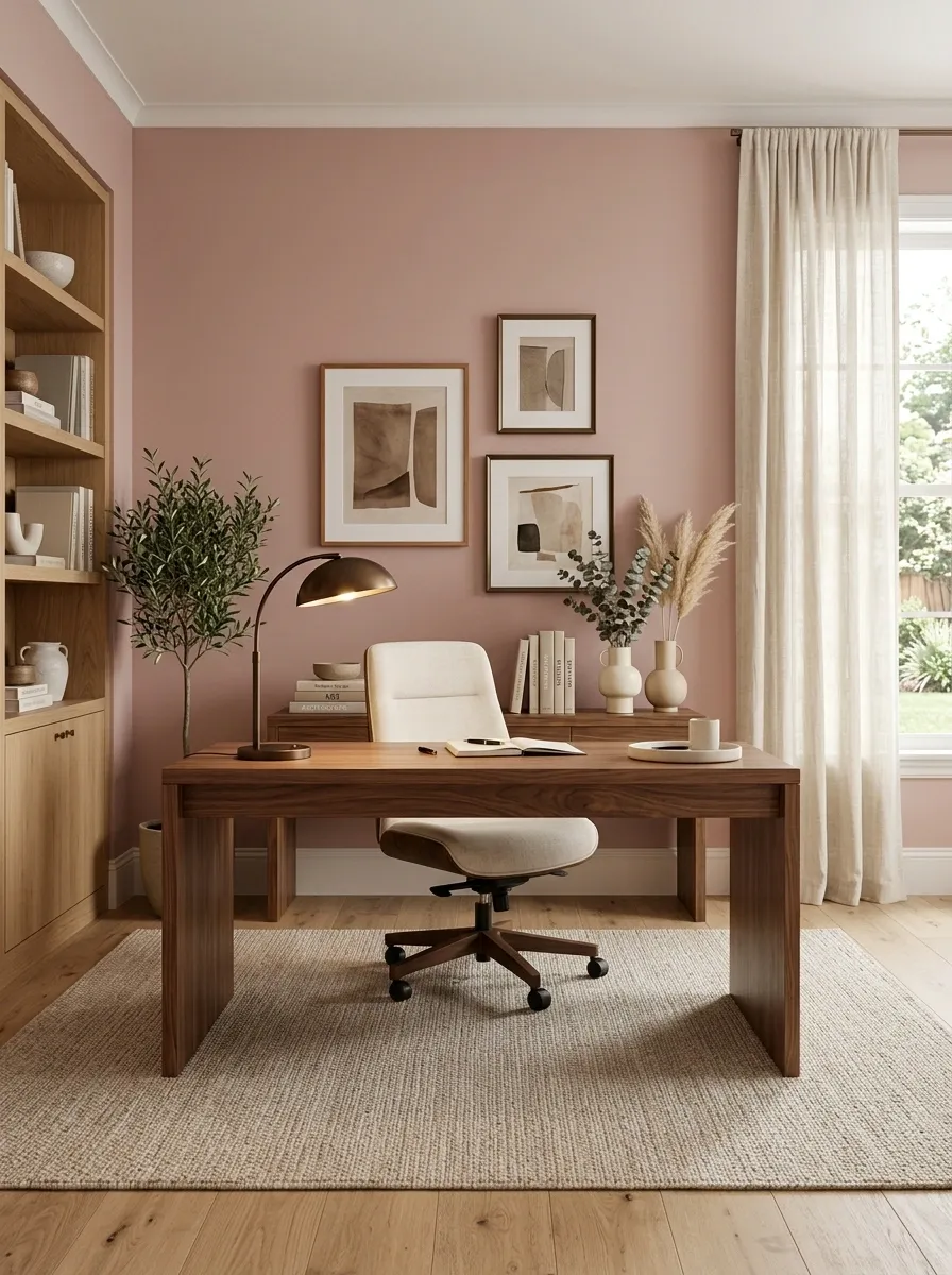Soft Pink Home Office With Walnut Furniture