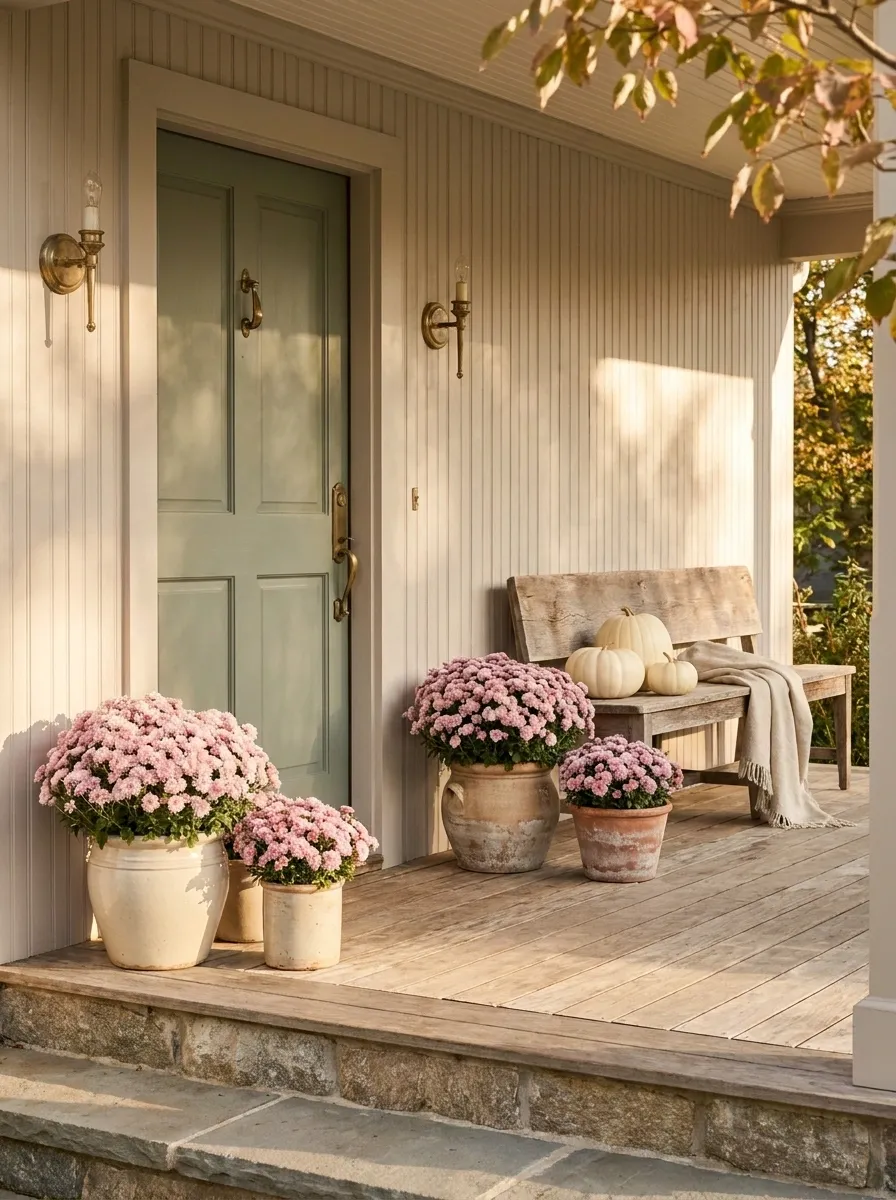 Soft Pink Mums on a Cottage Porch With Sage Accents