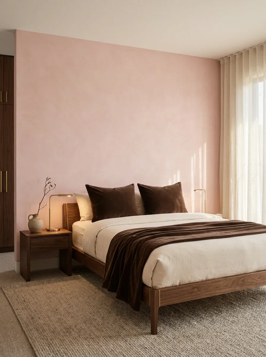 Soft Pink Plaster Wall With Chocolate Brown Accents