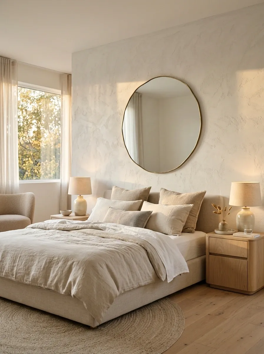 Soft Plaster Wall With an Off-Center Sculptural Mirror