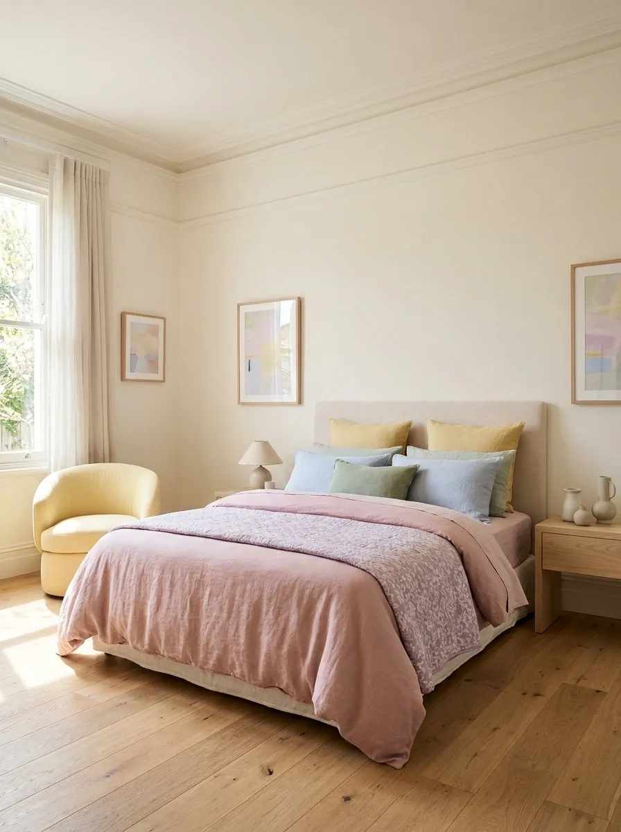 Soft Rainbow Bedroom With Restrained Pastel Accents