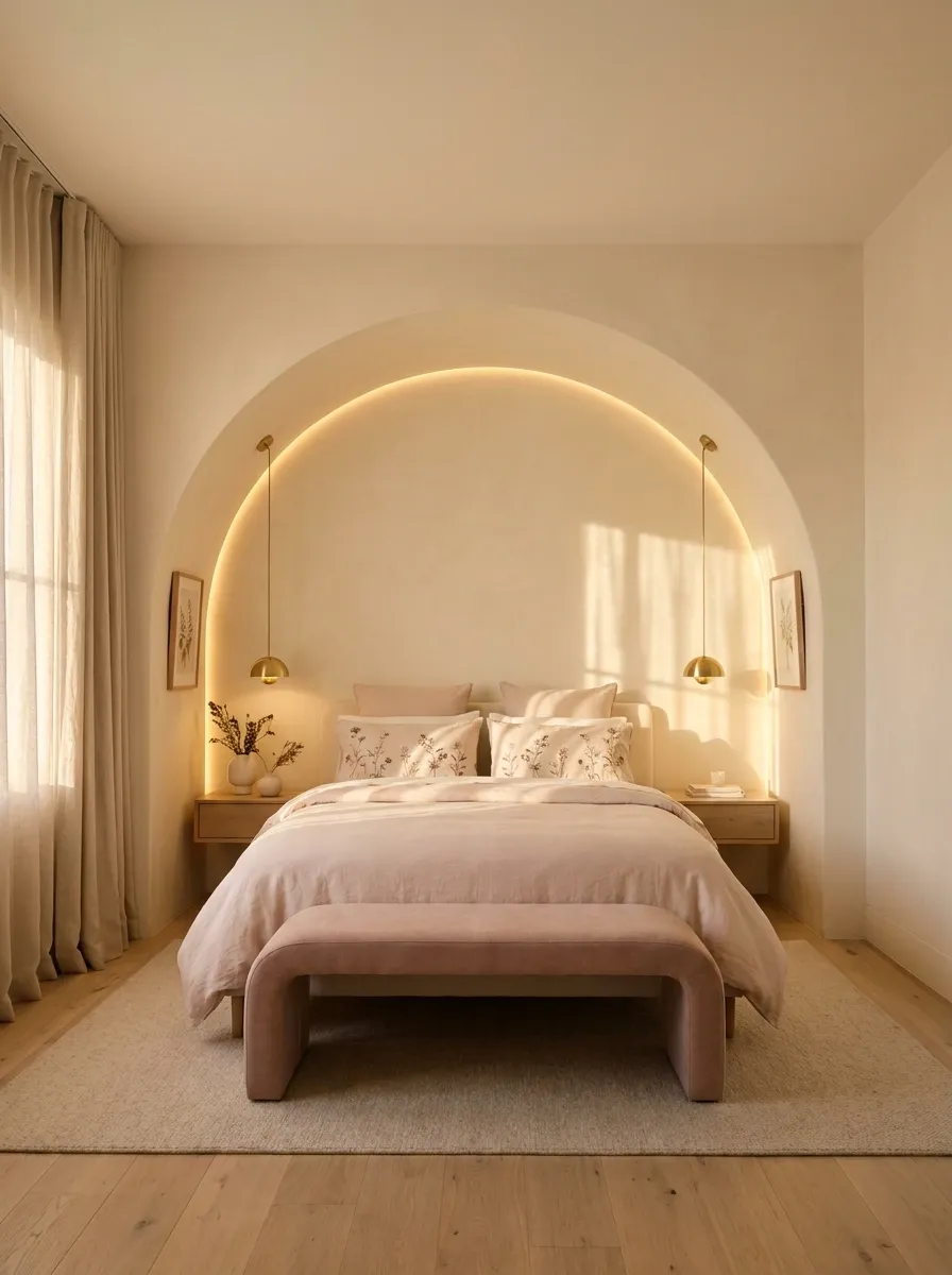 Soft Romantic Bedroom With an Arched Alcove and Layered Neutrals