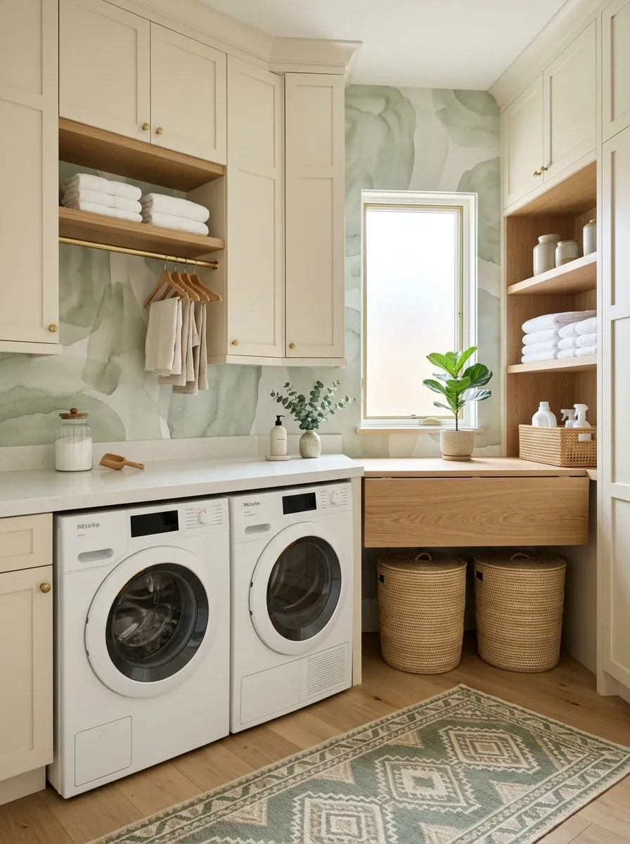 Soft Sage Abstract Wallpaper With Creamy Built-Ins