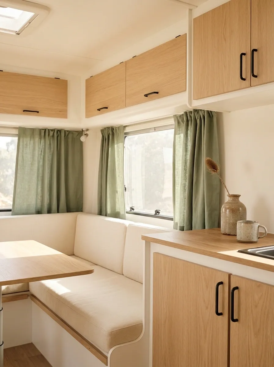 Soft Sage Curtains in a Scandinavian-Inspired RV