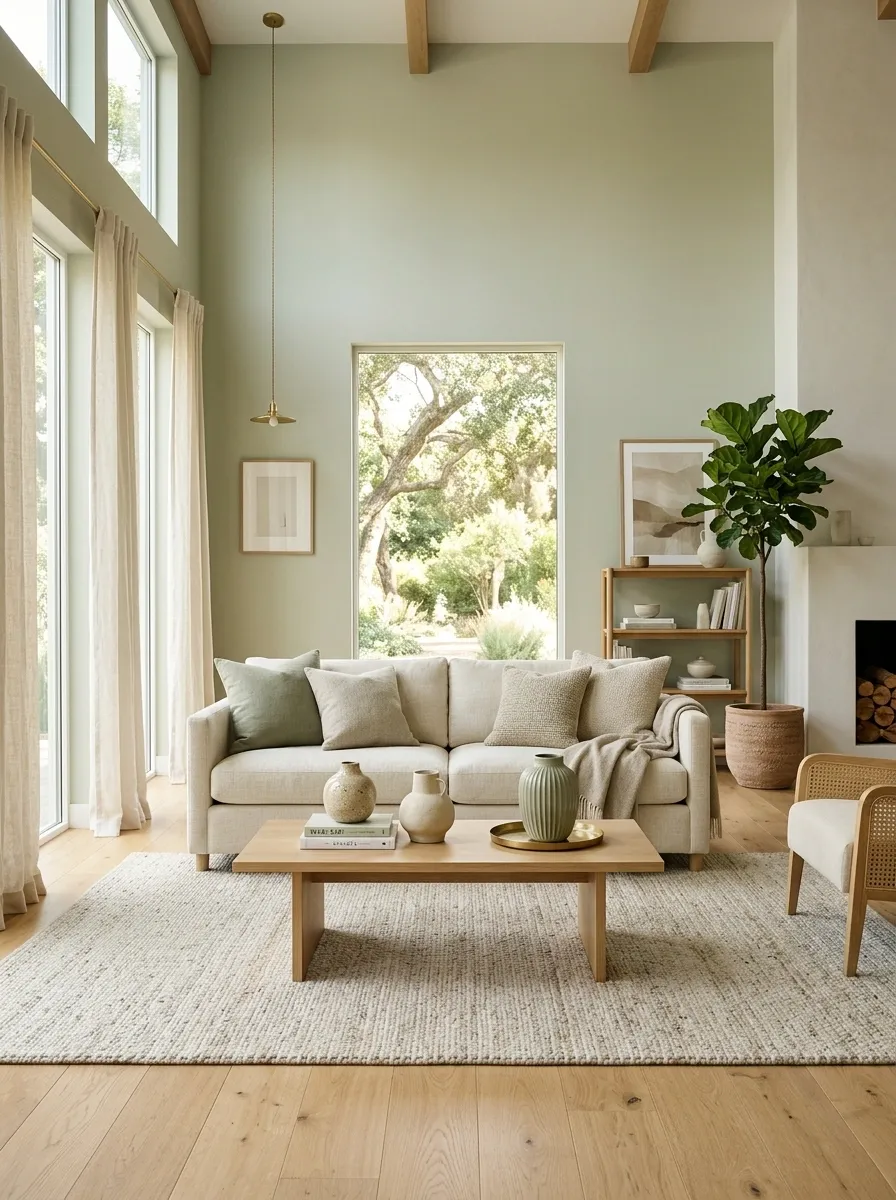Soft Sage Living Room With Cream Linen Seating and Light Oak