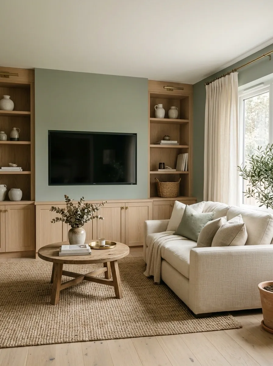 Soft Sage Living Room With TV Blended Into the Wall
