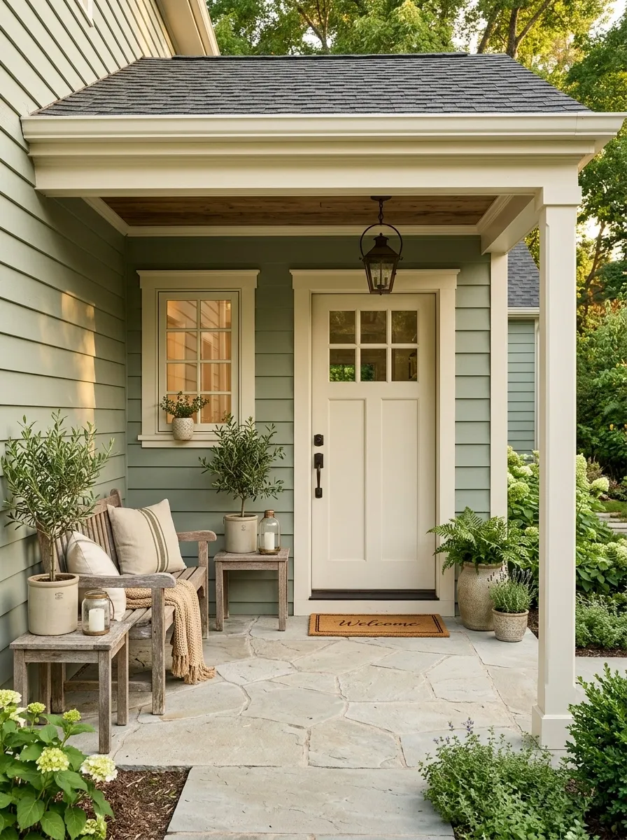 Soft Sage Porch With Cream Trim and Weathered Wood