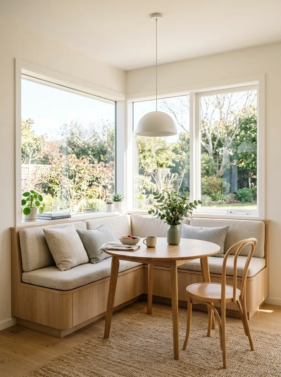 Soft Scandinavian Breakfast Nook Beneath a Corner Window