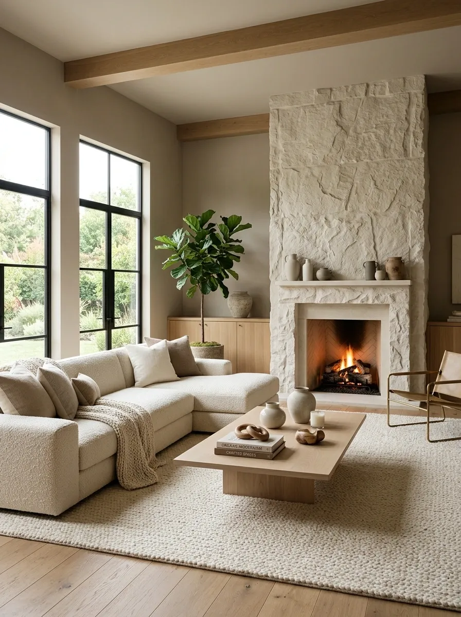 Soft Taupe Living Room With Cream Sofas and Textured Stone
