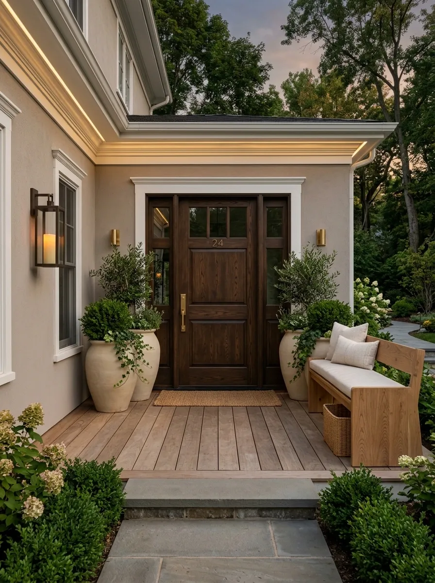 Soft Taupe Porch With Oversized Planters