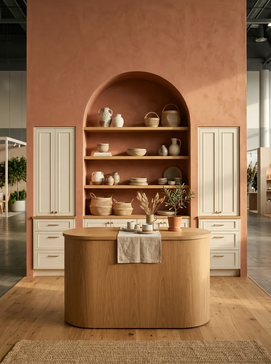 Soft Terracotta Booth With Arched Shelving
