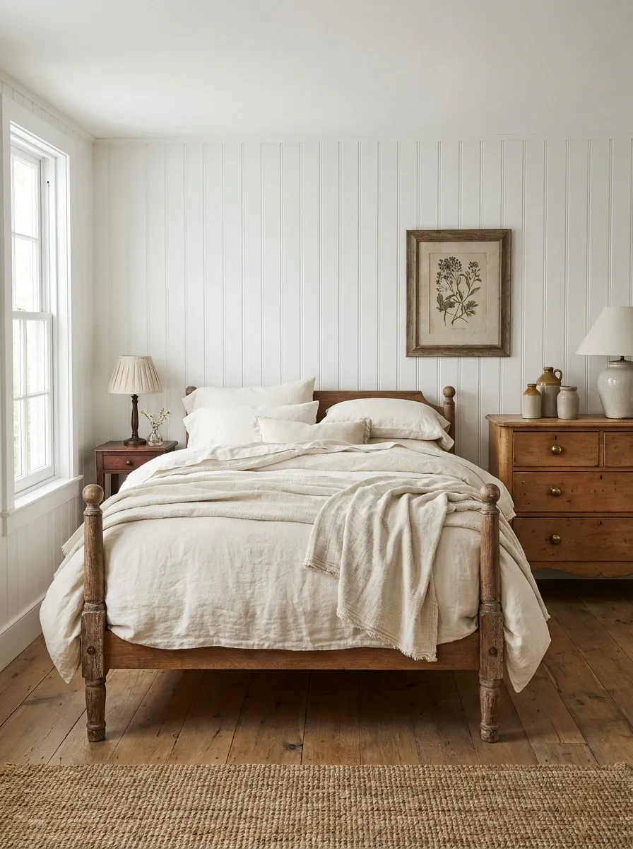 Soft Traditional White Bedroom With Antique Wood