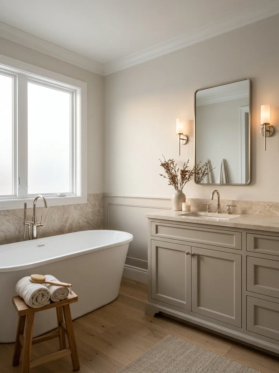 Soft Transitional Bathroom With Beige Marble and Greige Cabinetry