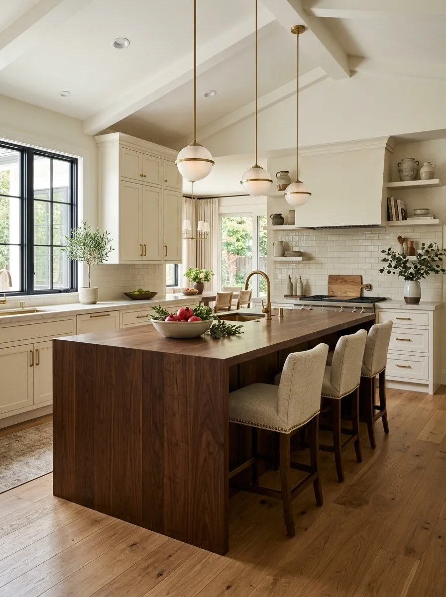 Soft Transitional Kitchen With Walnut Island and Oak Floors