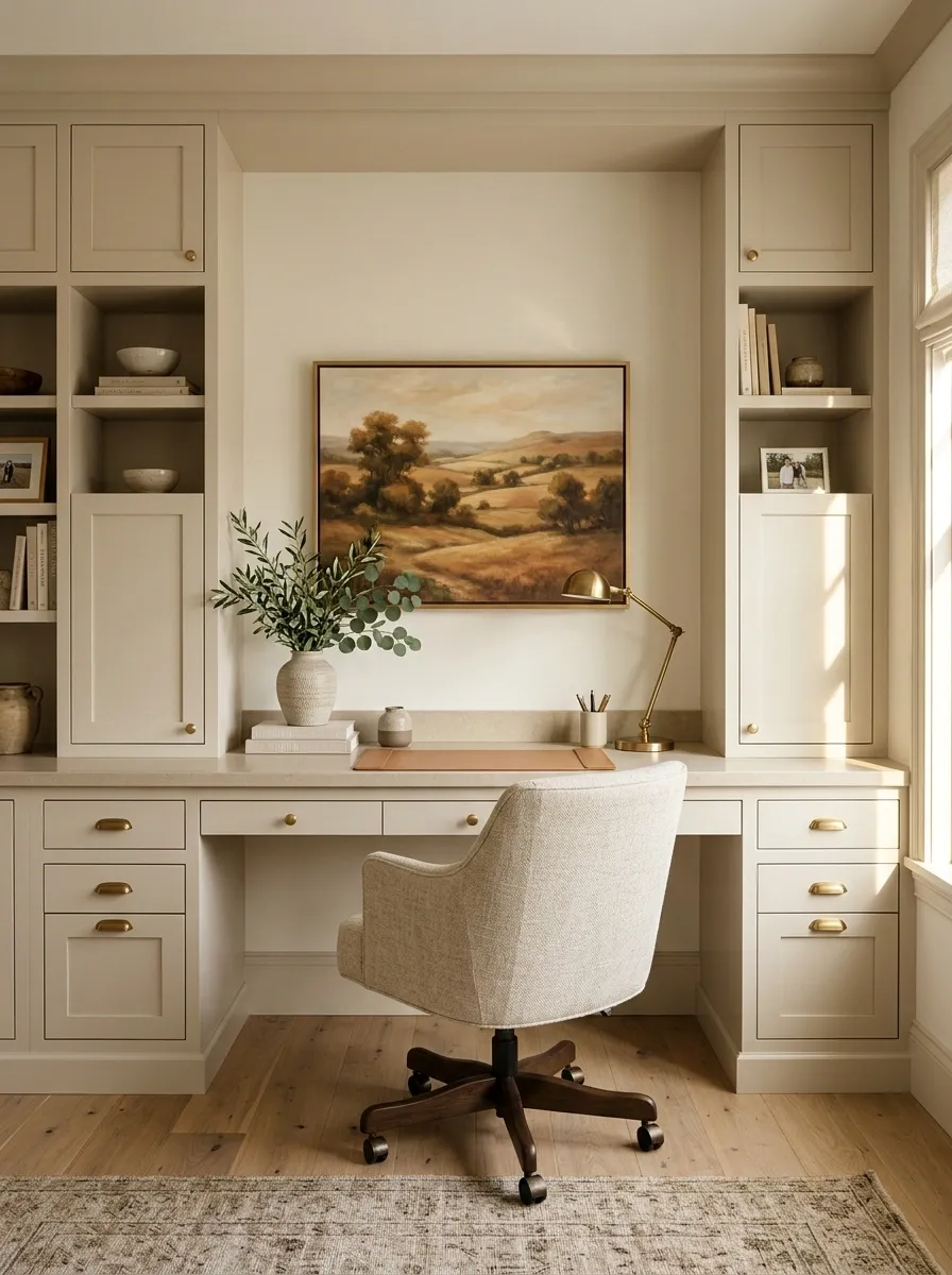 Soft Transitional Office With Built-In Desk and Framed Landscape Art