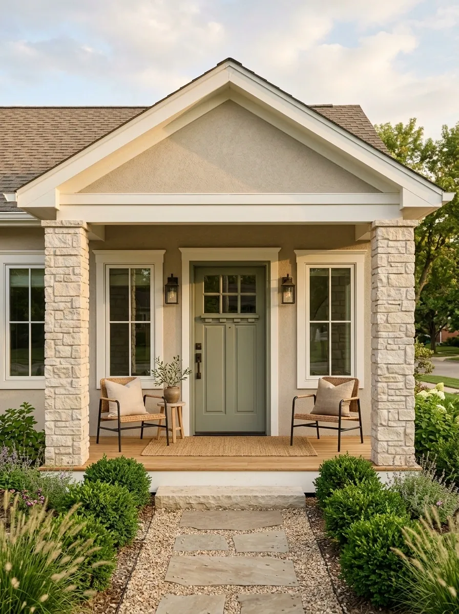 Soft Transitional Porch With Mixed Stone and Painted Wood