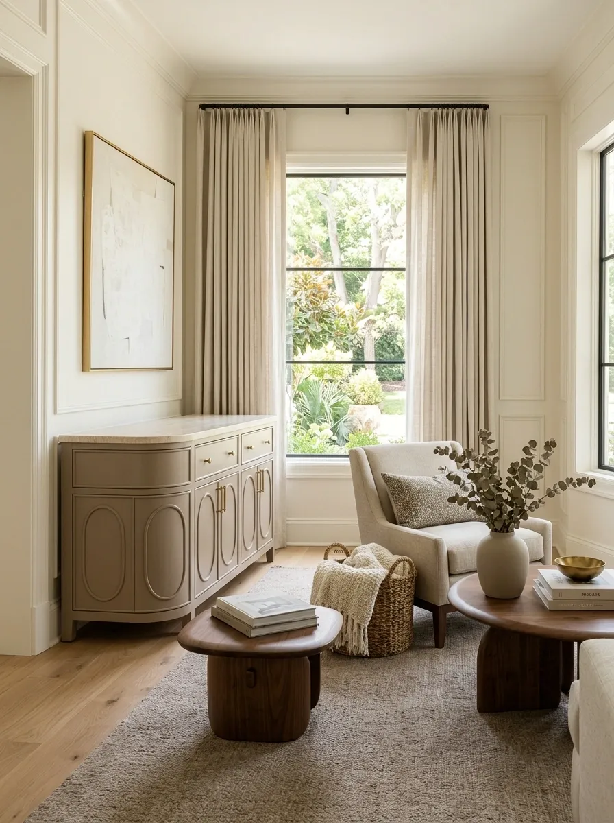 Soft Transitional Window Wall With a Curved Storage Cabinet