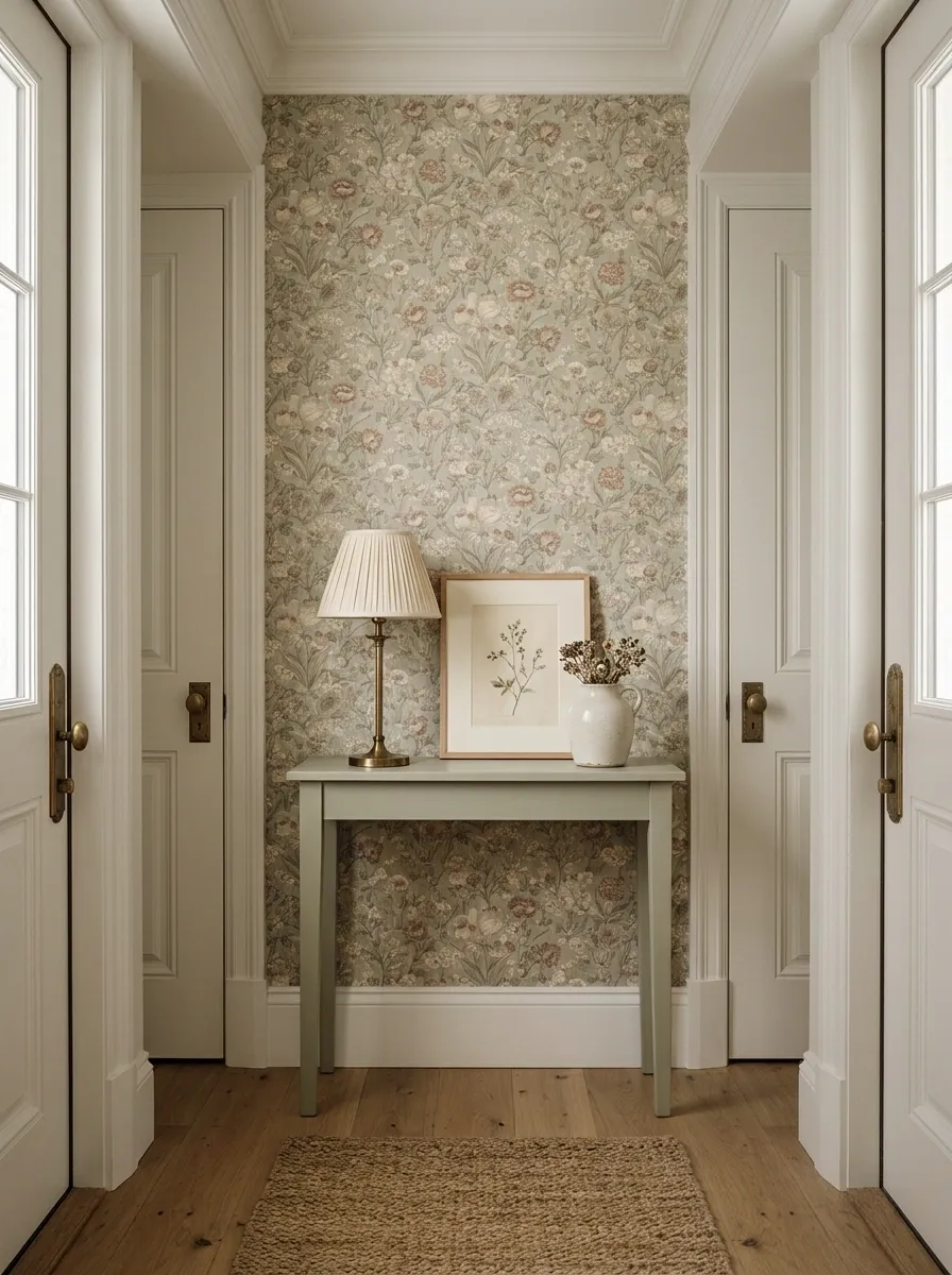 Soft Vintage Floral Wallpaper With Painted Wood Furniture