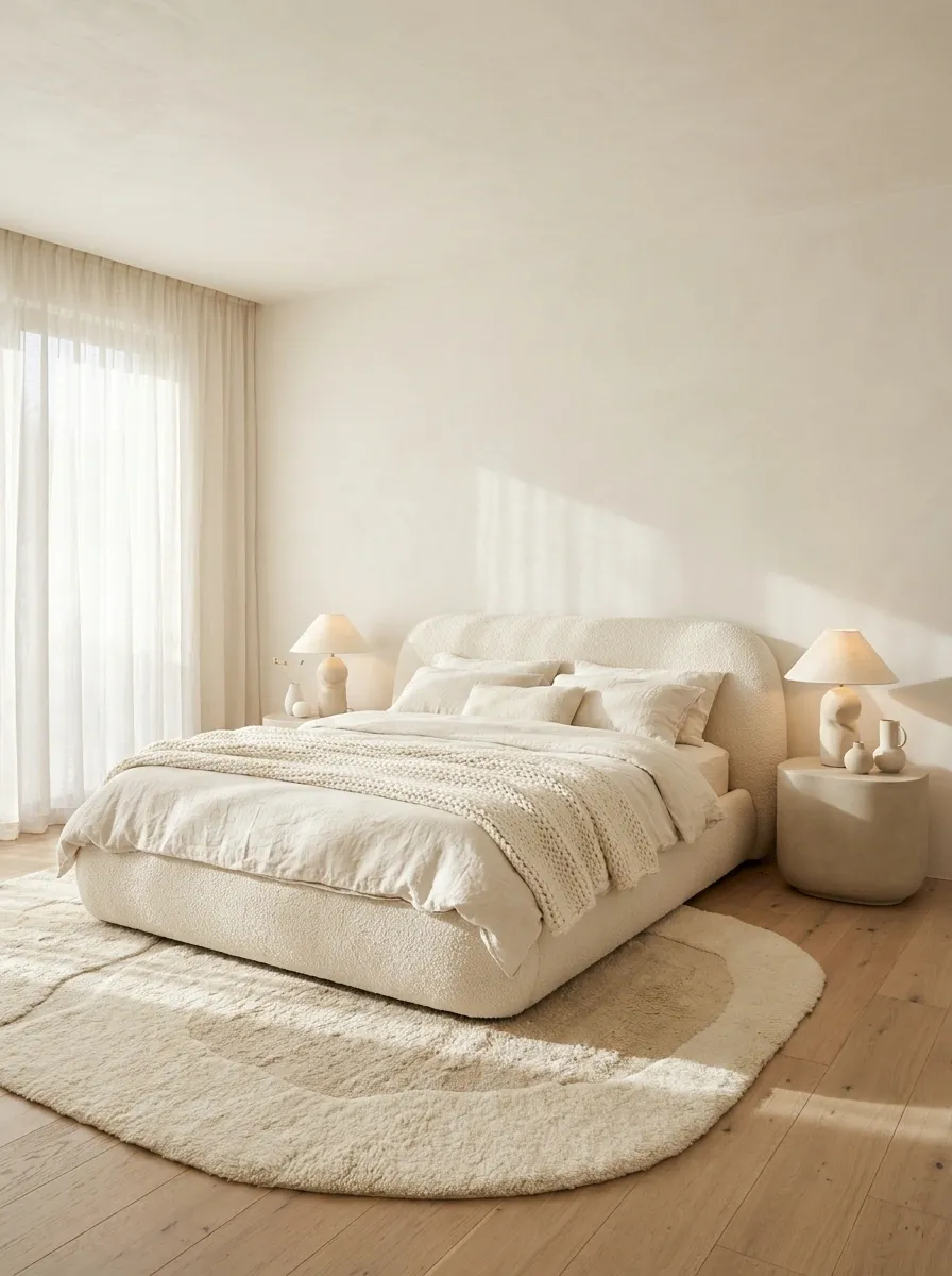 Soft White Bedroom With Boucle Bed and Rounded Furniture