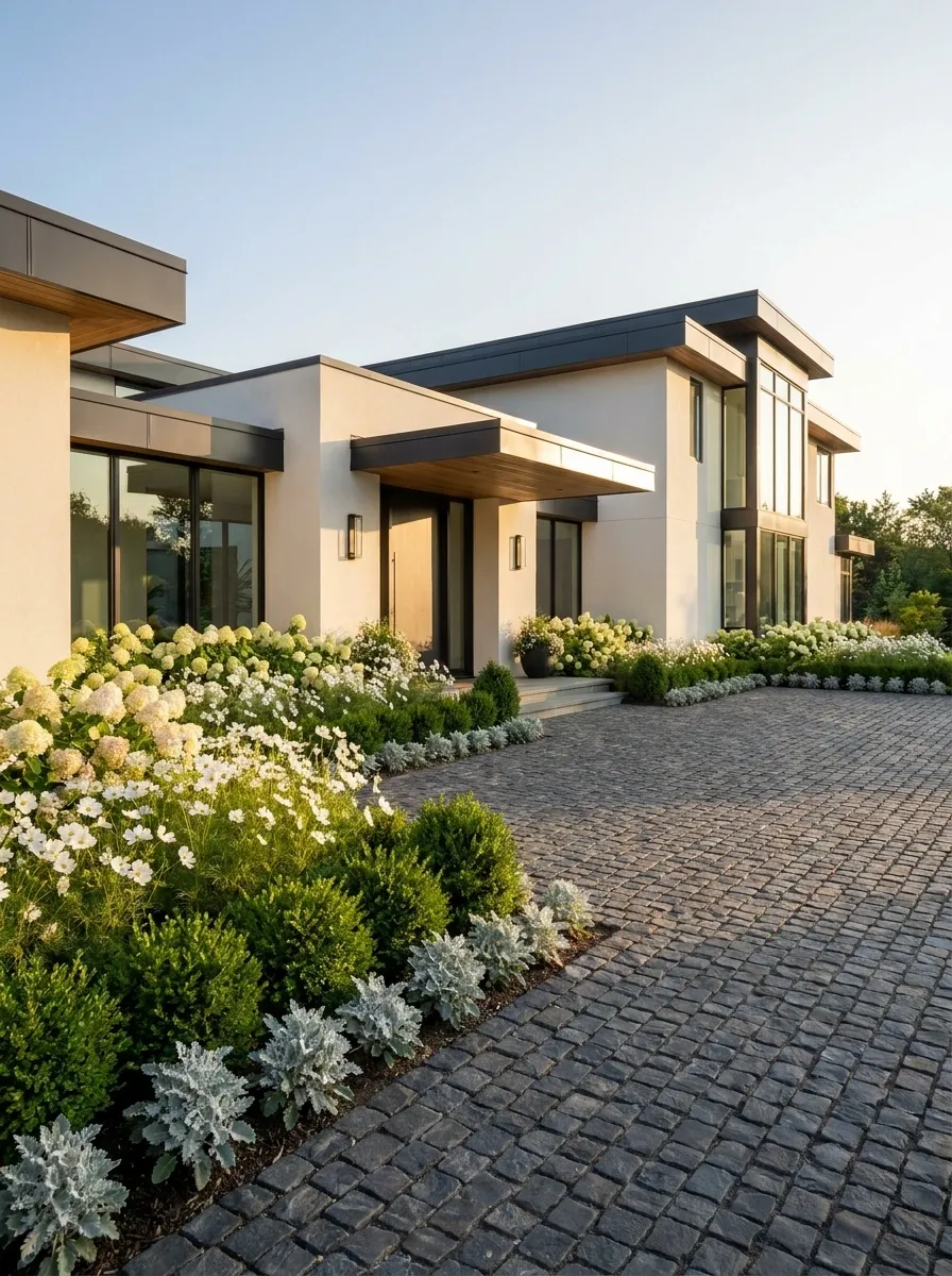 Soft White Flower Border Against Dark Paving