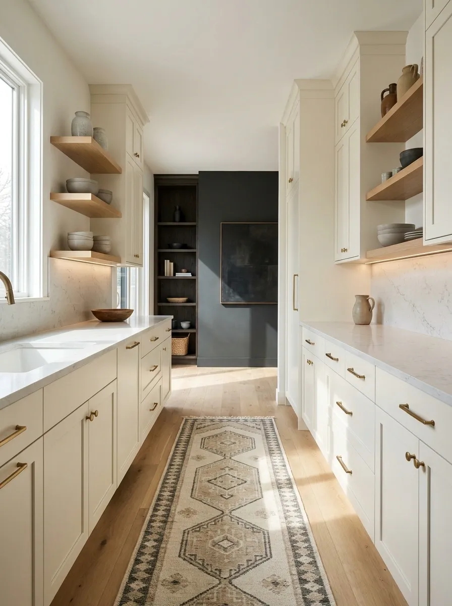 Soft White Kitchen With a Dark End Wall