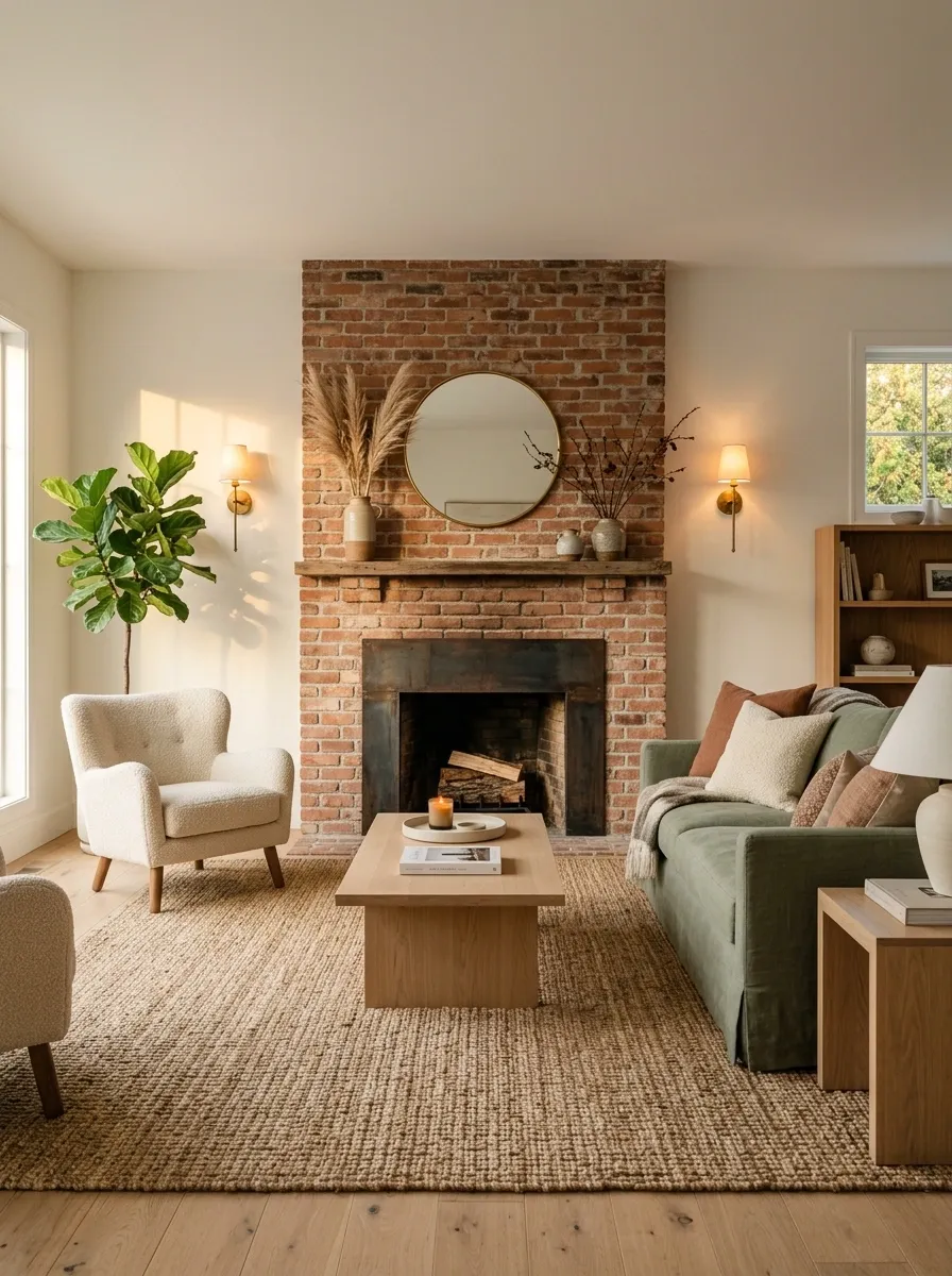 Soft White Living Room With Brick Fireplace and Sage Seating