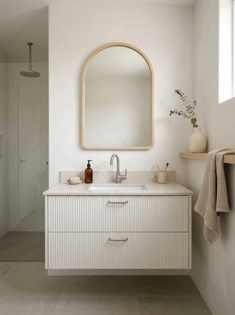 Soft White Sink Area With Fluted Vanity and Pale Wood