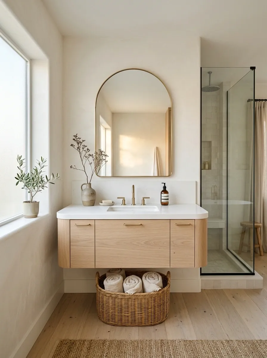 Soft White Spa Bathroom With Pale Oak and Curved Details