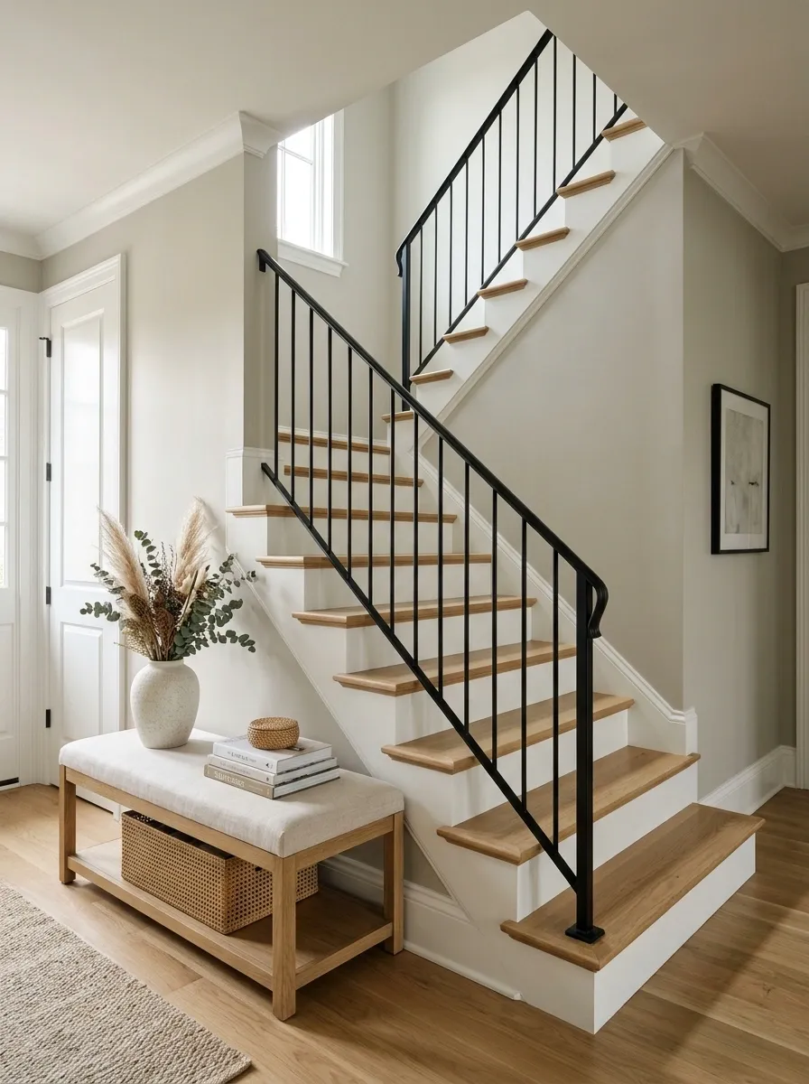 Soft White Staircase With Warm Greige Walls and Oak Treads