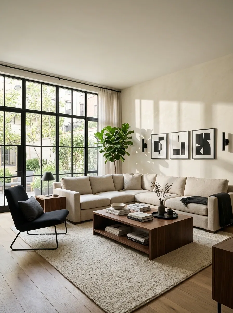 Sophisticated Beige Sectional With Black Window Frames and Walnut