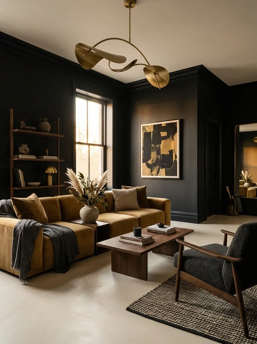 Sophisticated Black-and-Ochre Apartment With Sculptural Lighting