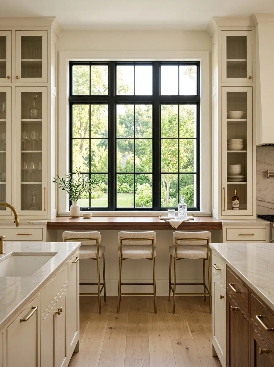 Sophisticated Home Bar Beneath a Wide Kitchen Window