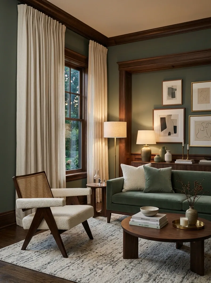 Sophisticated Sage Living Room With Cream Drapery and Dark Wood Architecture
