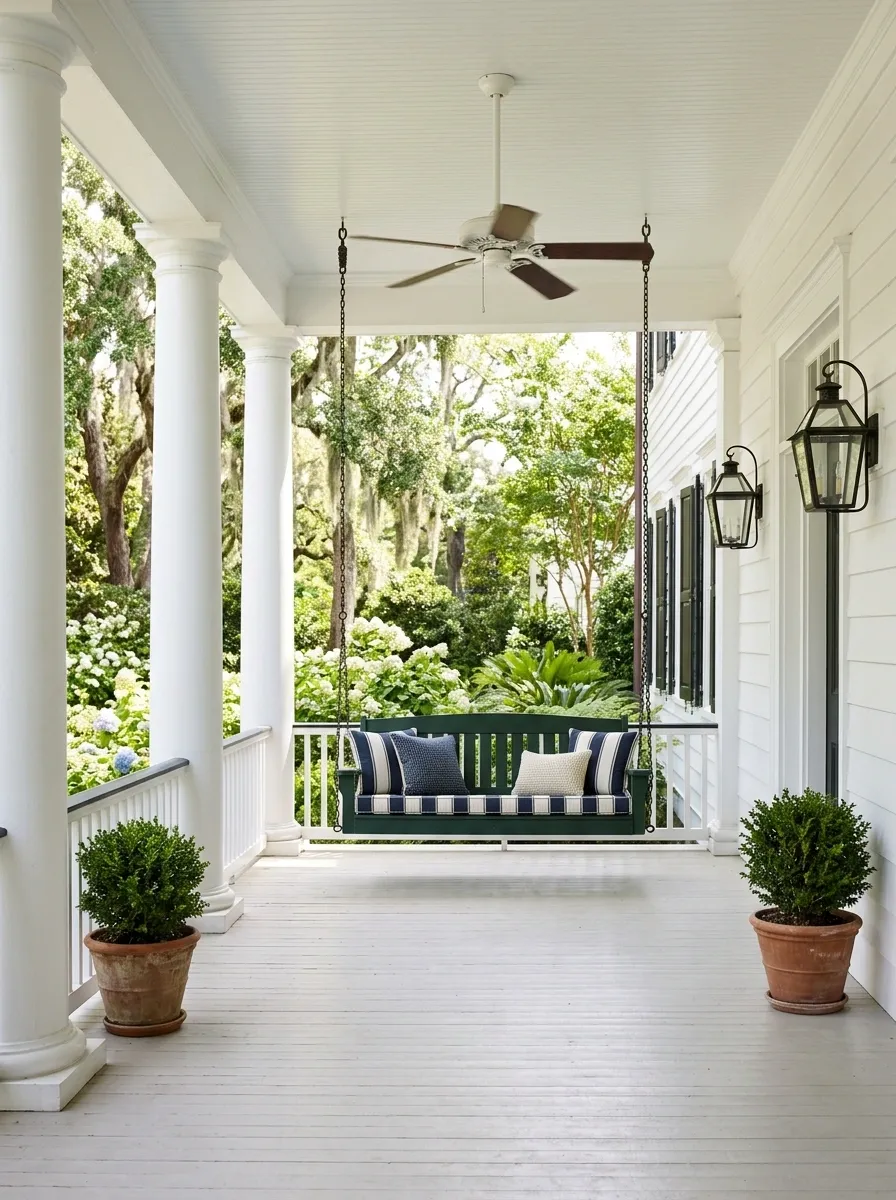 Southern Porch With Deep Green Swing and Classic Columns