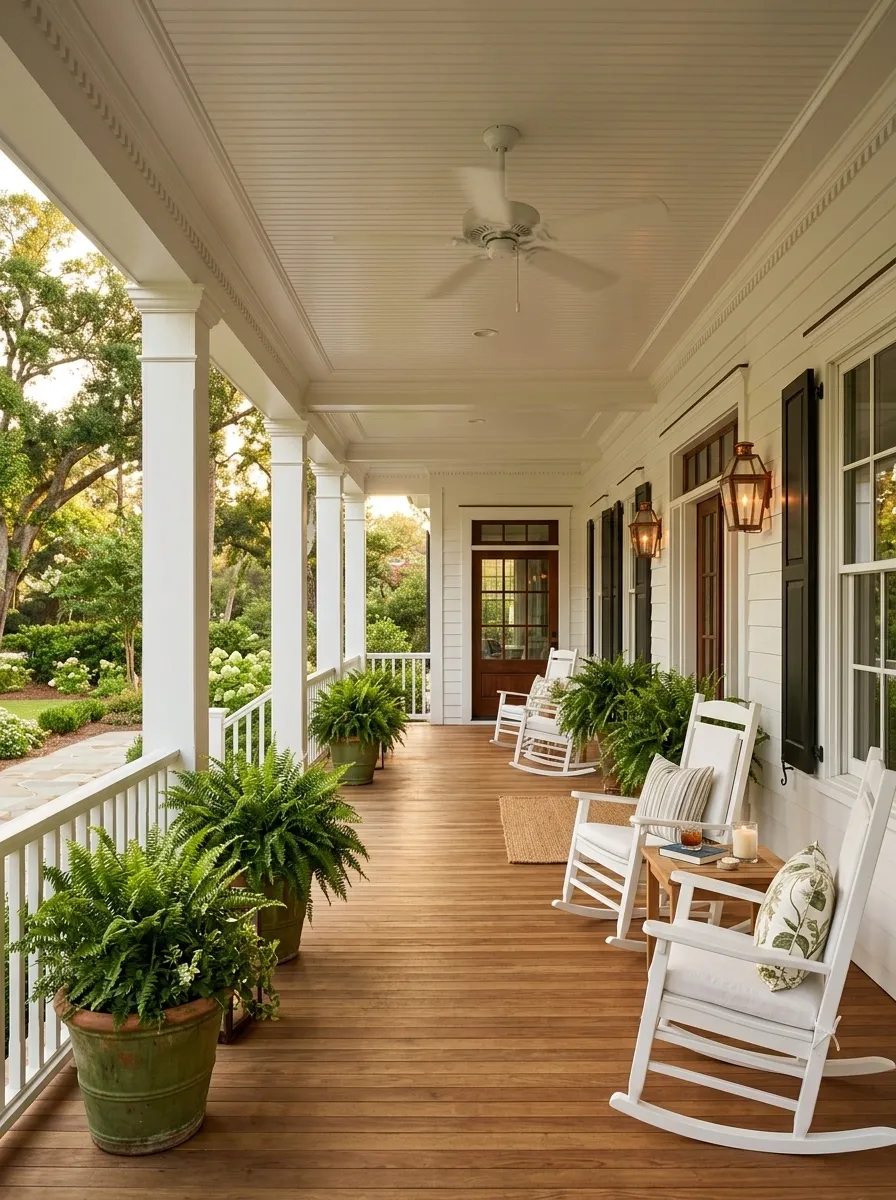 Southern Porch With Traditional White Spindles and Ceiling Fan