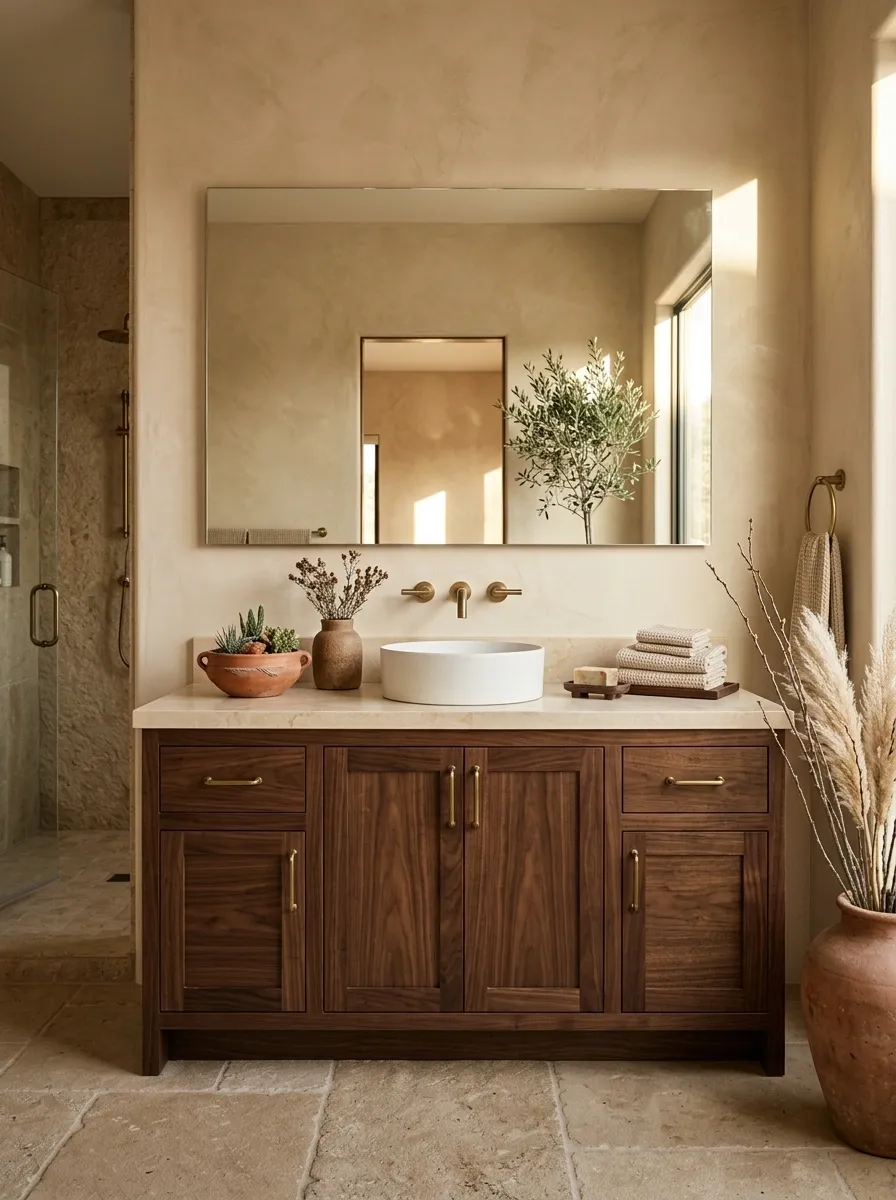 Southwestern Beige Bathroom With Terracotta and Dark Wood