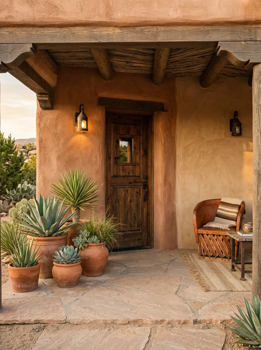 Southwestern Porch With Clay Pots and Warm Plaster