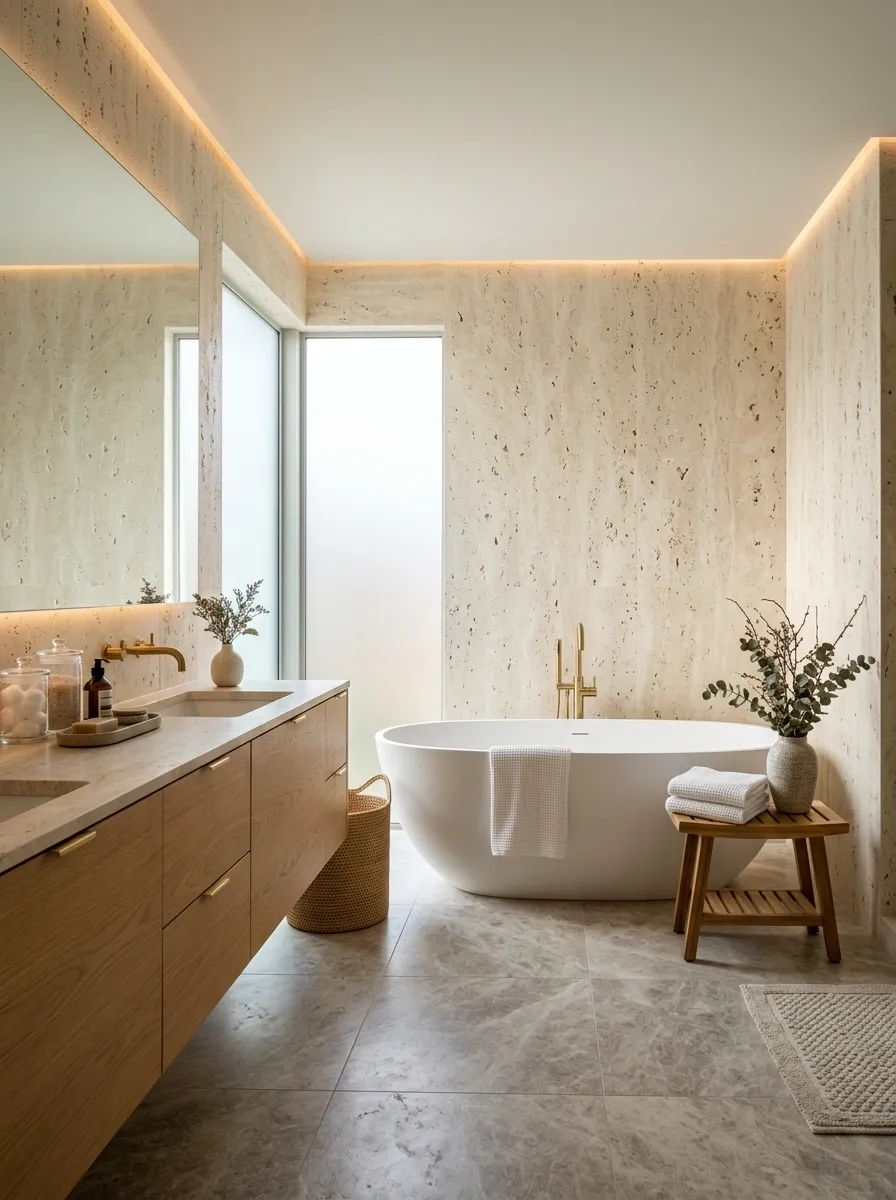 Spa Bathroom With Travertine, Warm Grey, and Oak