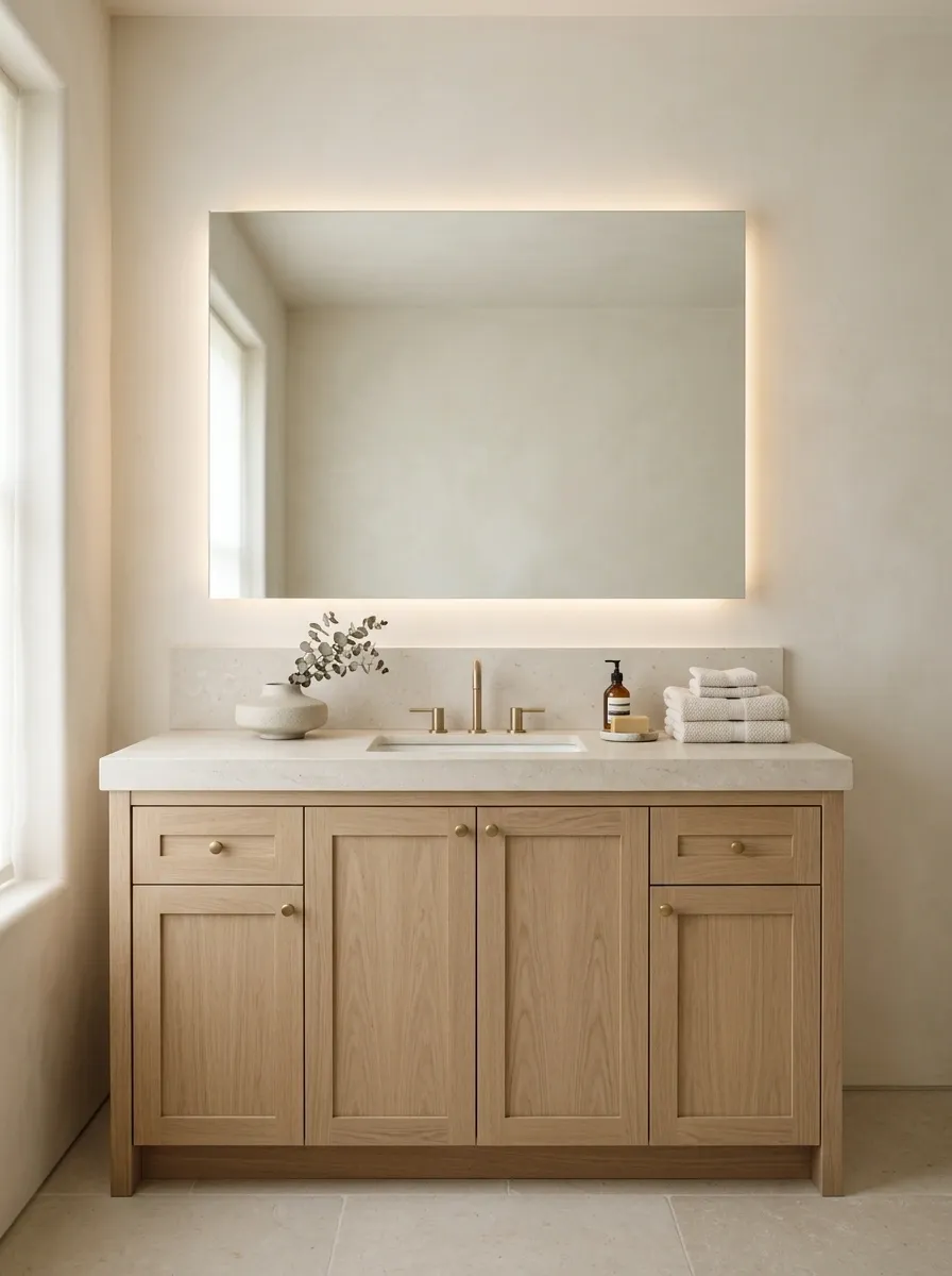 Spa-Inspired Sink Area With Stone, Oak, and Soft Linen
