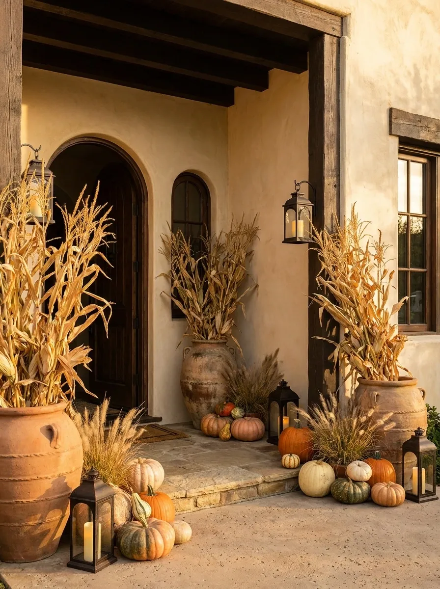 Spanish-Style Porch With Terracotta, Corn Stalks, and Warm Stone